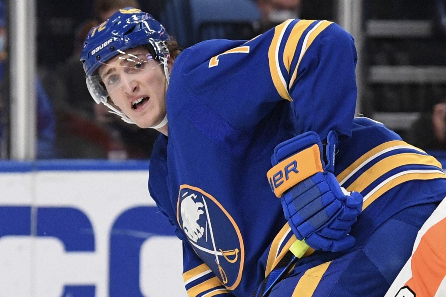 Buffalo Sabres center Tage Thompson wears a special warmup jersey
